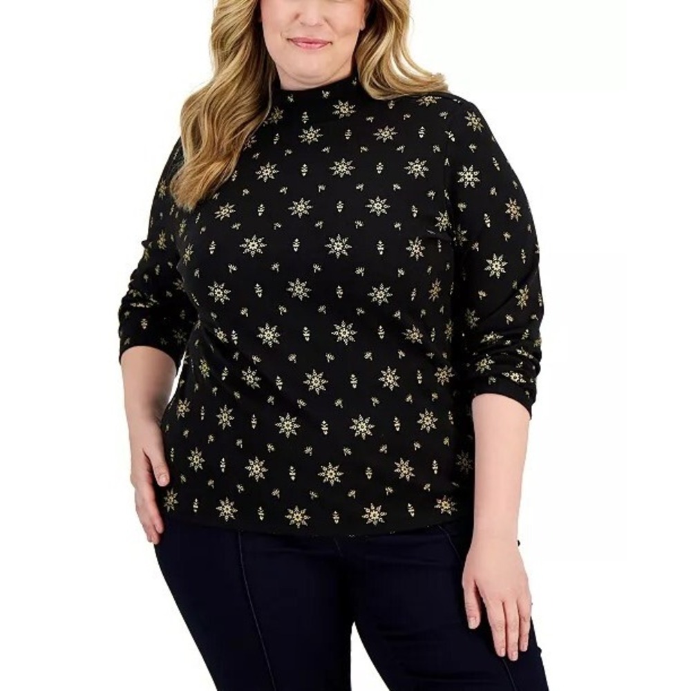 Karen Scott Womens Plus 0X Black Gold Snowflakes & Holly Winter Mock Neck Shirt
